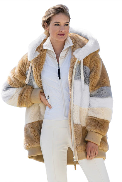 Abrigo sherpa con cremallera y bloques de color rojo vino con capucha 