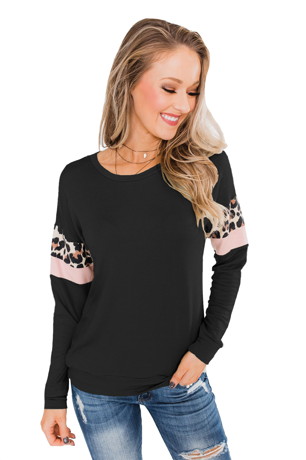 Blusa con bolsillo de rayas de leopardo de manga larga en color menta