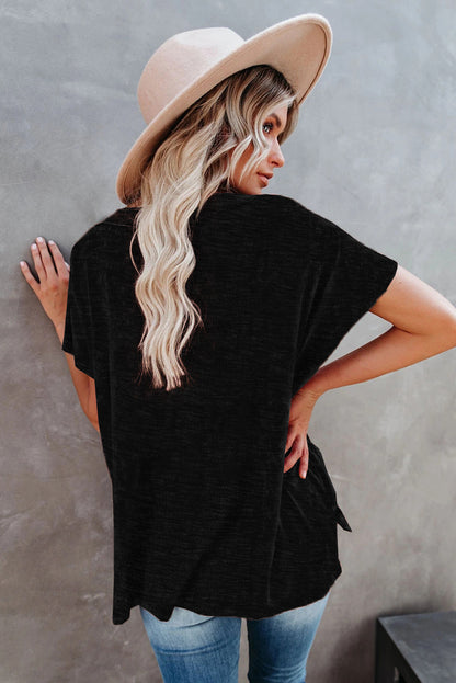 Haut oversize à manches courtes et col en V en mélange de coton délavé minéral 