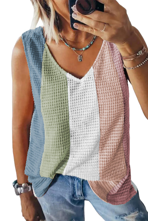 Multicolor Color Block V-Neck Waffle Knit Tank Top