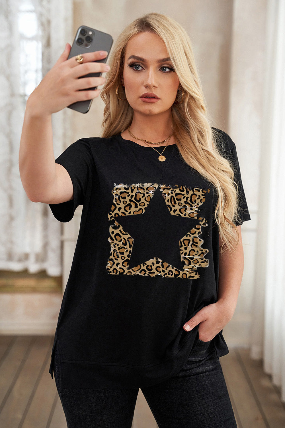 T-shirt ras du cou grande taille à imprimé léopard et éclairs