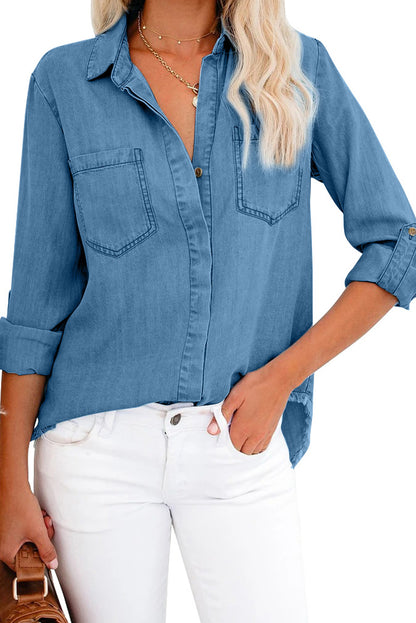 Chemise en jean à manches longues et ourlet effiloché 