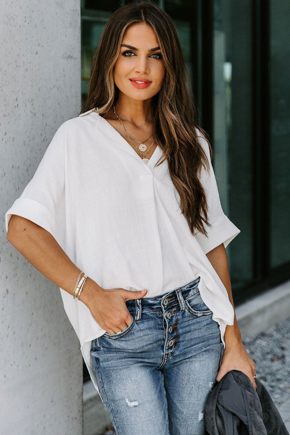 Camisa lisa con botones de manga corta