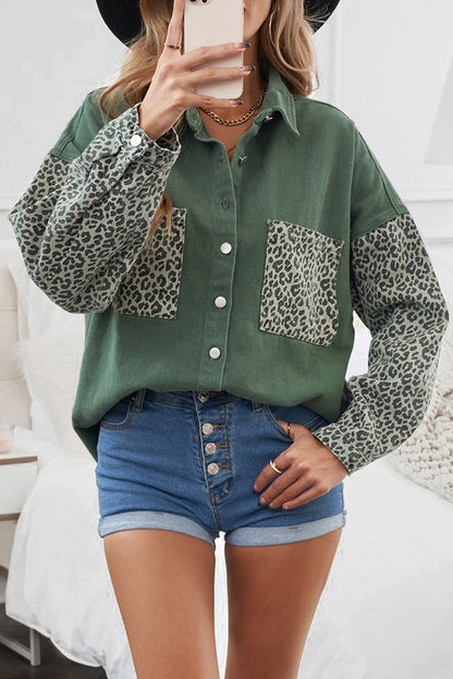 Sky Blue Contrast Leopard Denim Jacket