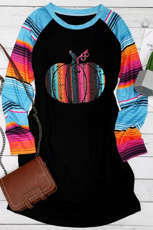 Pumpkin Striped Splicing Halloween Long Sleeve Mini Dress