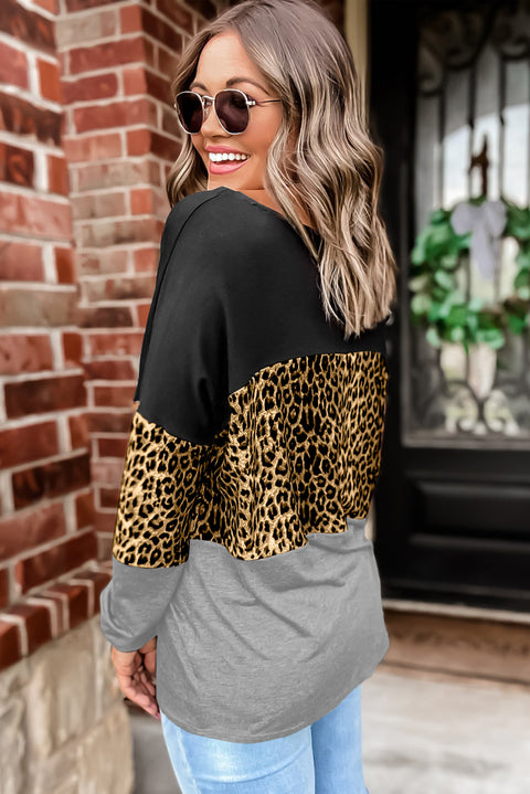 Colorblock Leopard Patchwork Long Sleeve Top