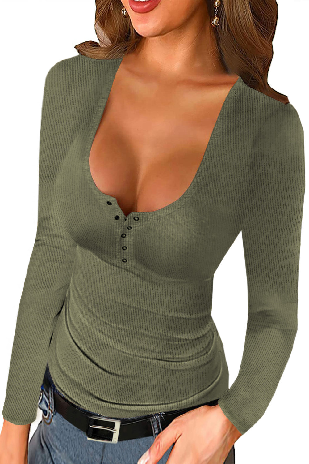 U Neck Button Knit Long Sleeve Top