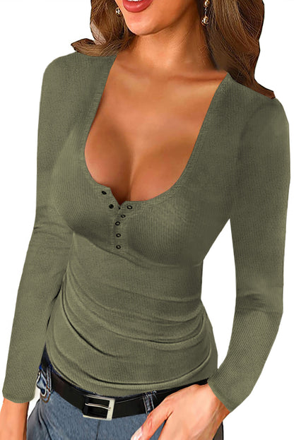 U Neck Button Knit Long Sleeve Top