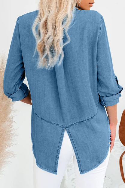 Chemise en jean à manches longues et ourlet effiloché 