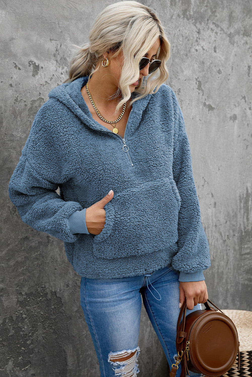 Sweat-shirt à capuche zippé 1/4 en sherpa avec kangourou