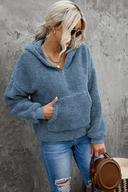Sweat-shirt à capuche zippé 1/4 en sherpa avec kangourou