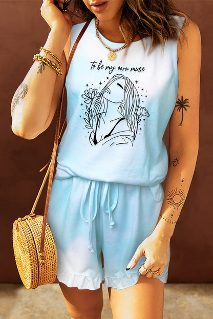 Débardeur bleu clair et short à volants 