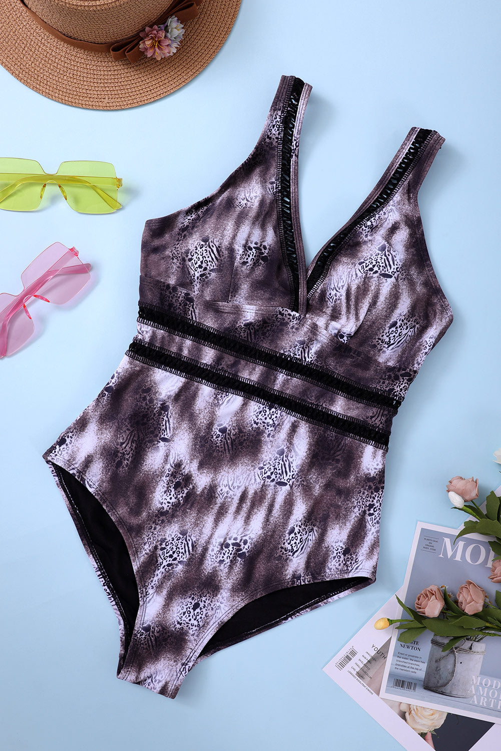 Maillot de bain une pièce plongeant à imprimé floral et treillis 