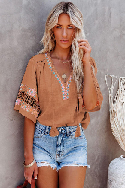 Beige Tassel Drawstring Embroidered Half Sleeve V Neck Top - HannaBanna Clothing