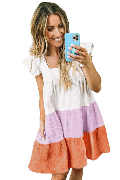 Multicolor Square Neck Triple Color Block Tiered Babydoll Dress