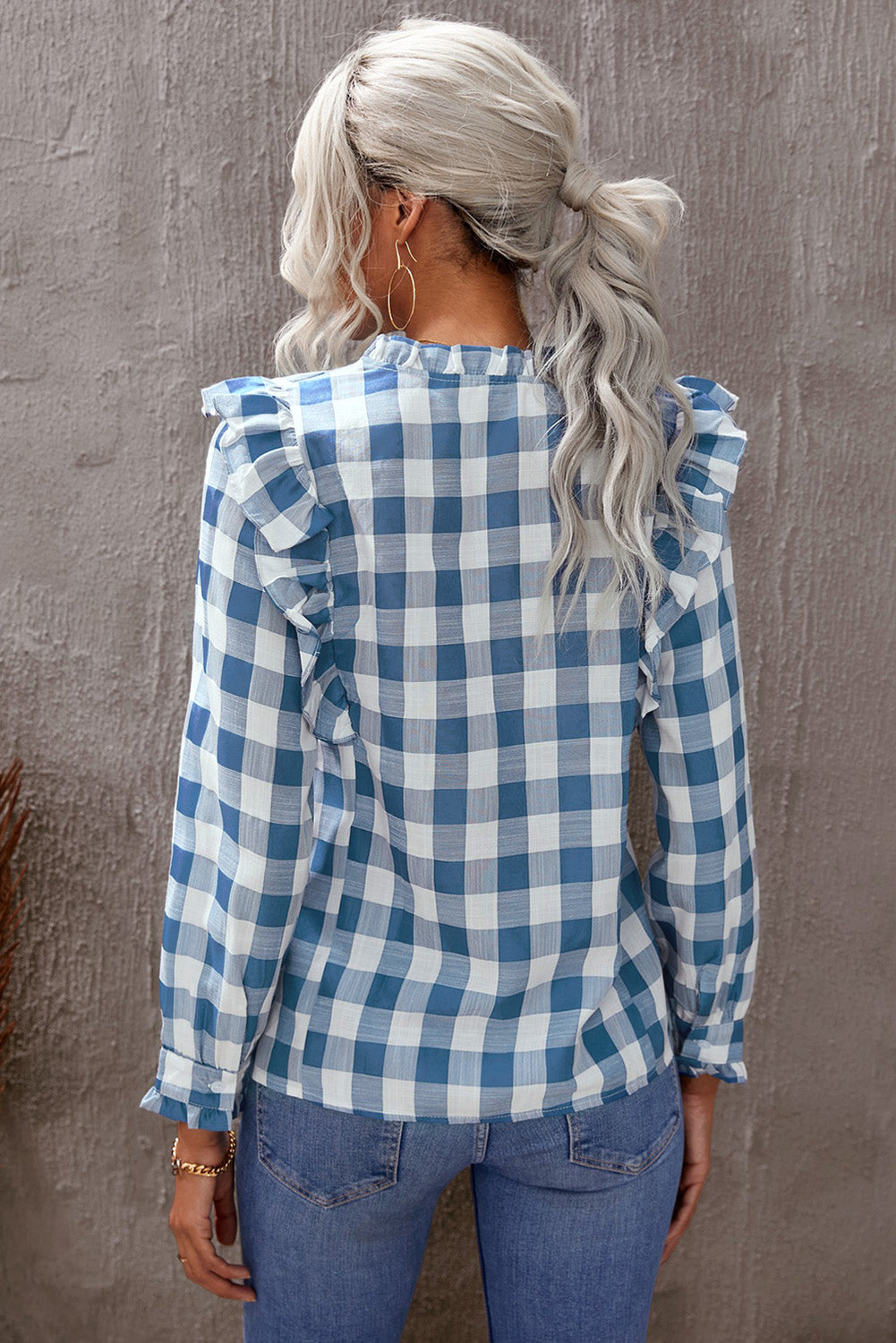 Plaid Print Ruffled Buttoned Shirt