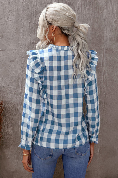 Plaid Print Ruffled Buttoned Shirt