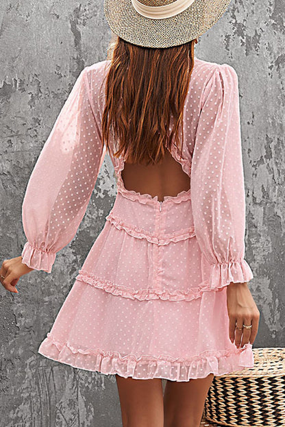 Layered Ruffled Open Back Puff Sleeve Swiss Dot Mini Dress