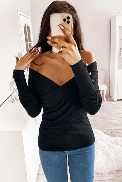 Haut plissé texturé côtelé à col en V et manches longues boutonnées