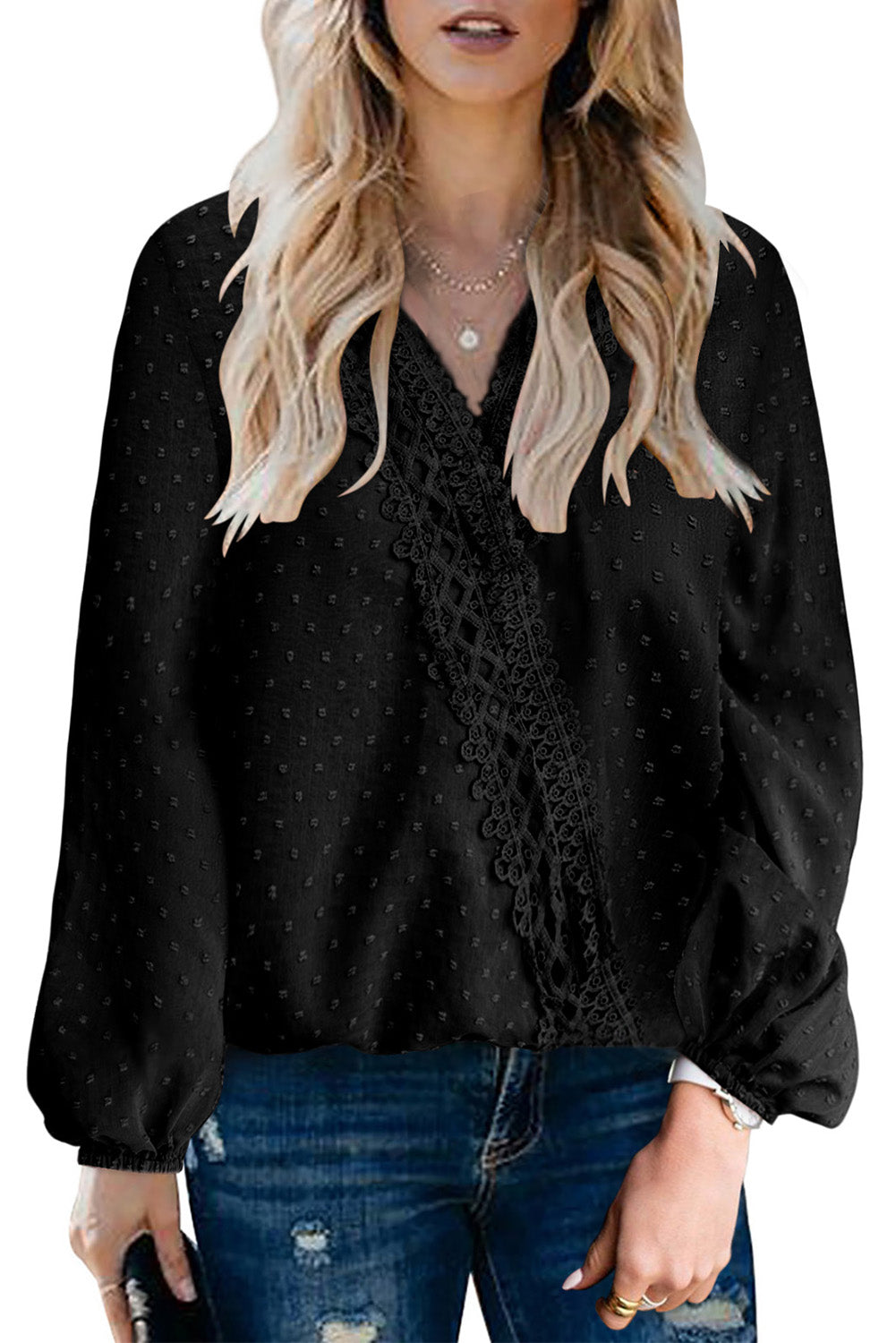 Blusa de manga larga abullonada cruzada con ribete de encaje de lunares suizos