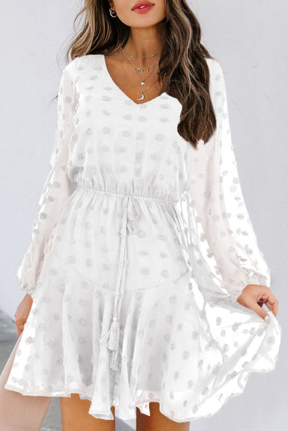 Mini-robe à manches longues et à pois suisses avec lien à la taille 