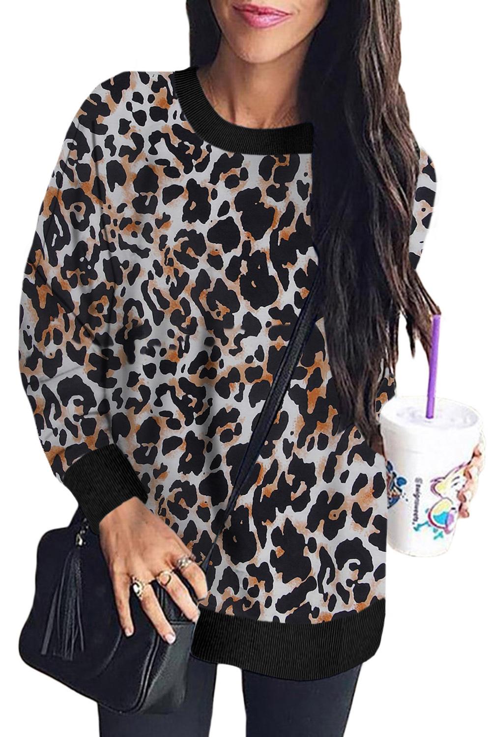 Leopard Print Long Sleeve Pullover Sweatshirt