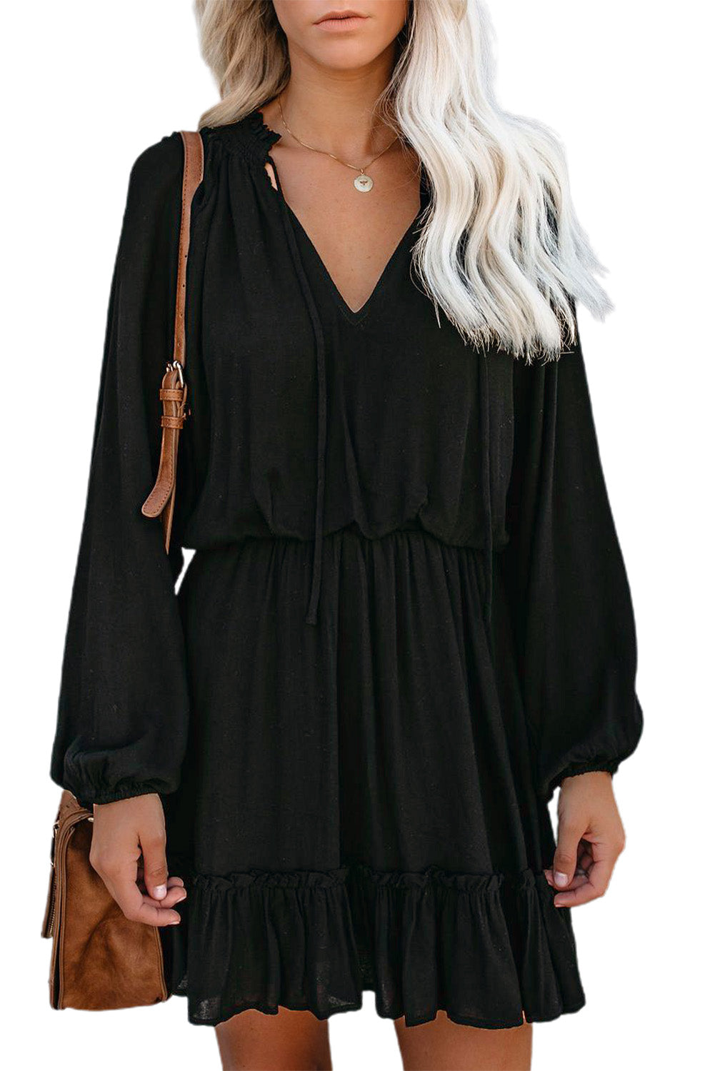 Khaki Bubble Sleeve Split Neck Ruffle Tunic Dress