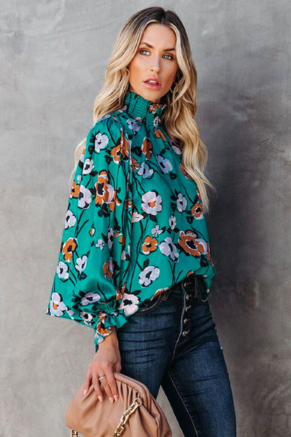 Chemisier à col montant et smocks à imprimé floral