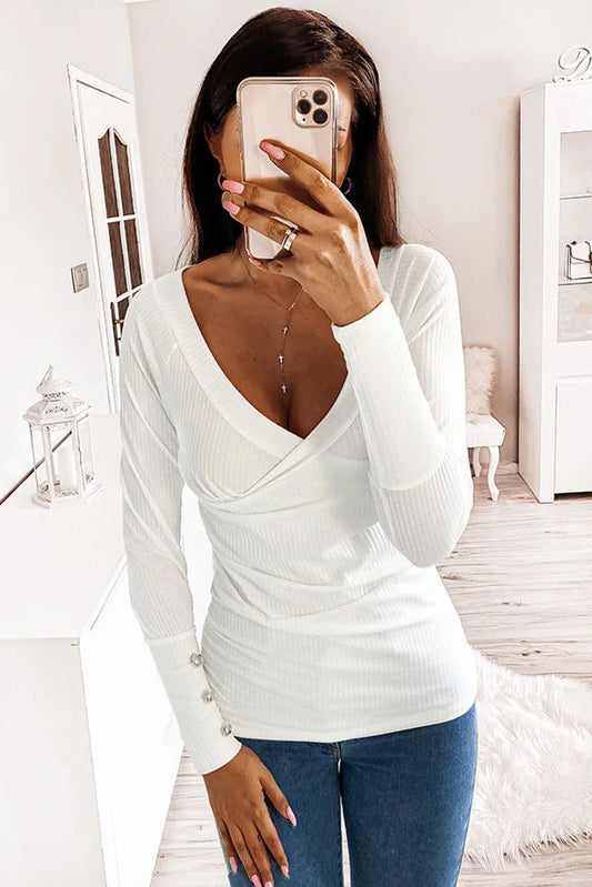 Top plisado texturizado acanalado con cuello en V y manga larga abotonada