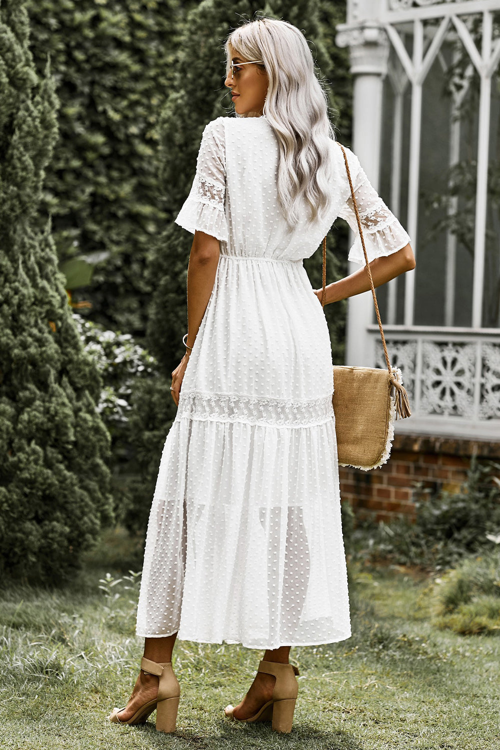 Swiss Dot Lace Trim Maxi Dress