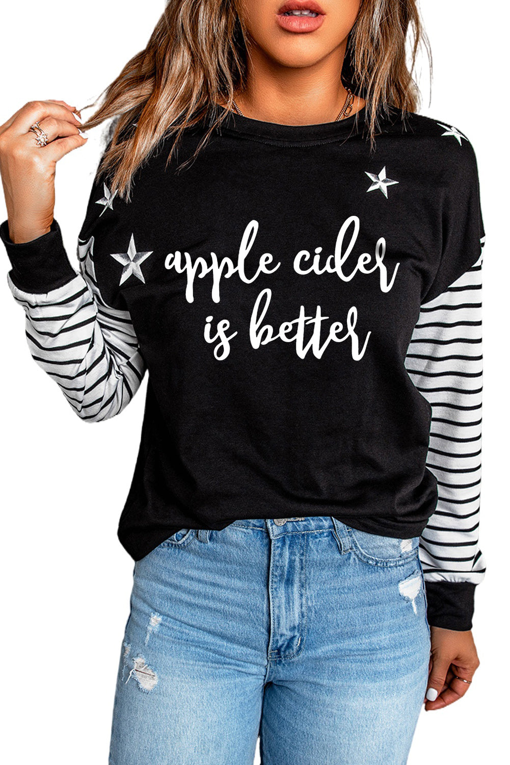 Striped Star Print Patchwork Long Sleeve Top