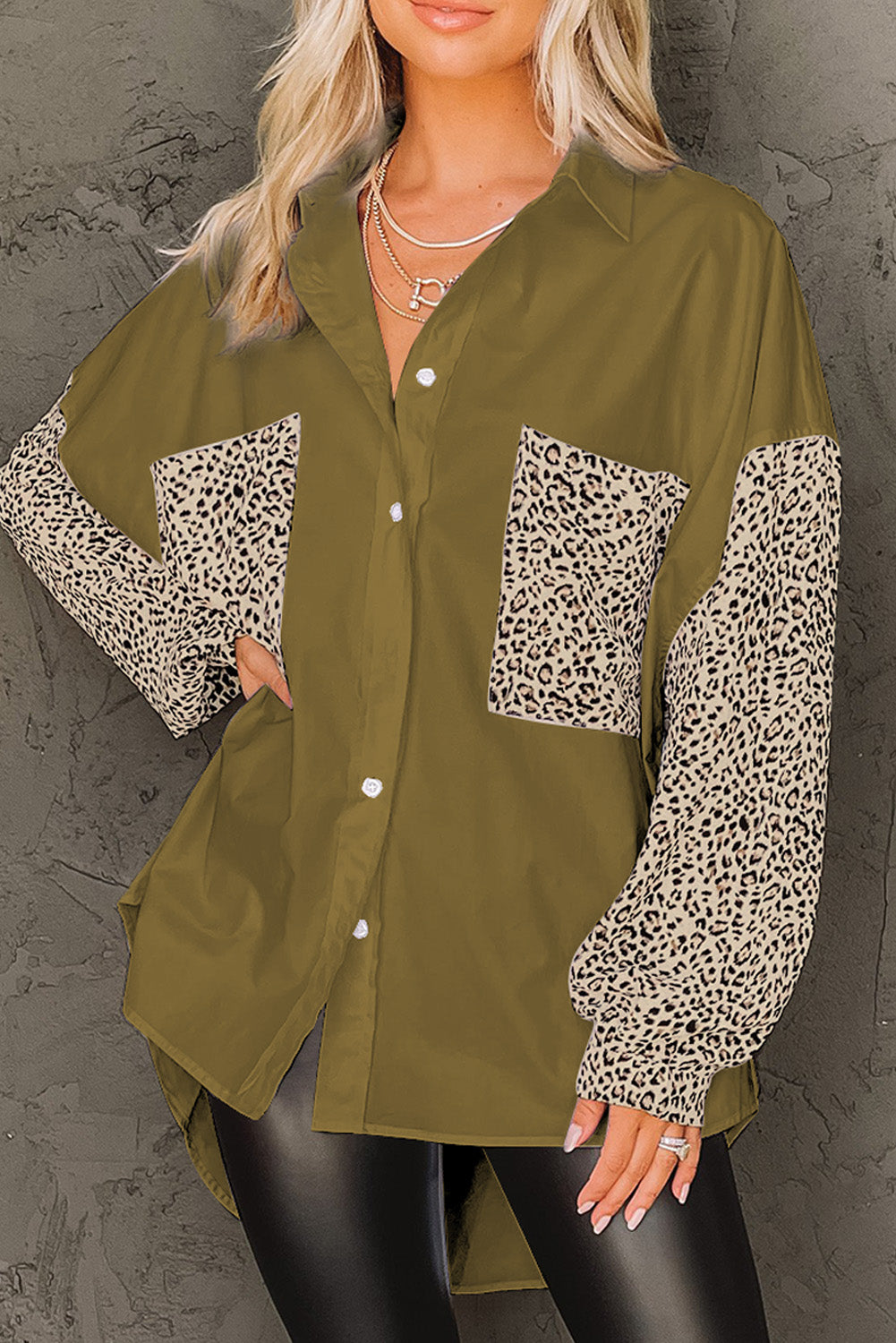 Chemise patchwork à manches longues et épaules tombantes