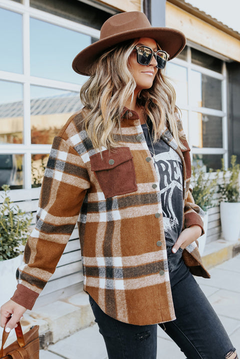 Pocketed Buttoned Plaid Shirt Jacket