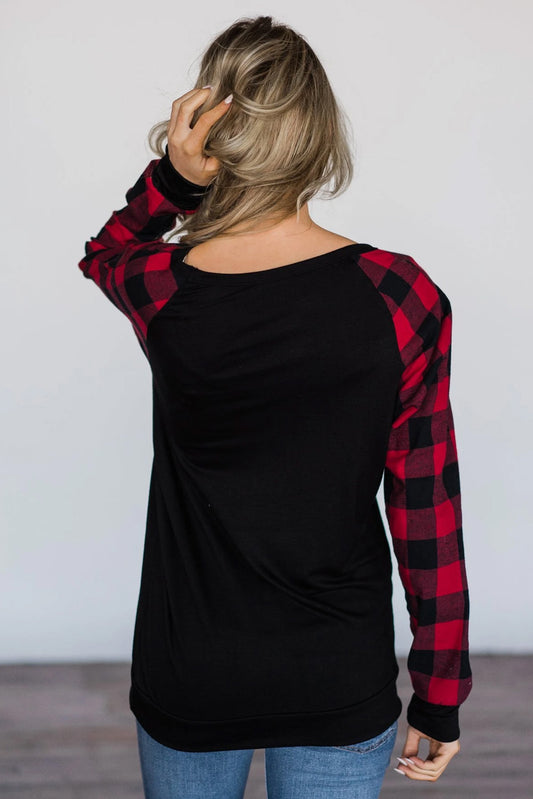 Top de manga raglán a cuadros con estampado de calabaza y letras de Halloween