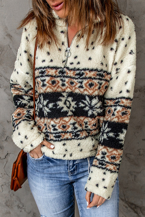 Tribal Printed Zipped Fleece Pullover Sweatshirt