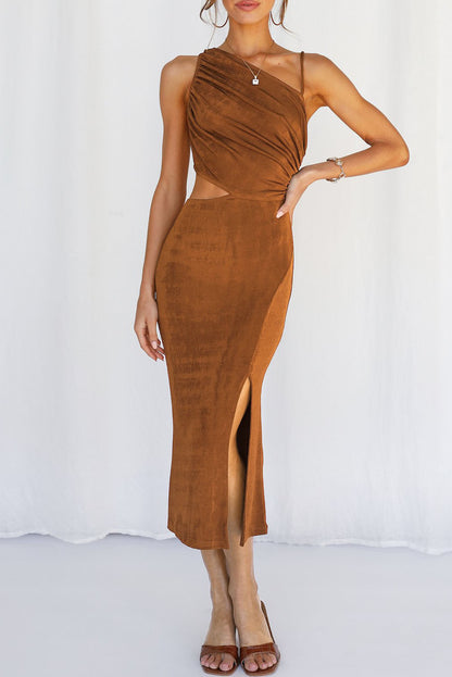 Velvet One Shoulder Sleeveless Cut out Sheath Midi Dress