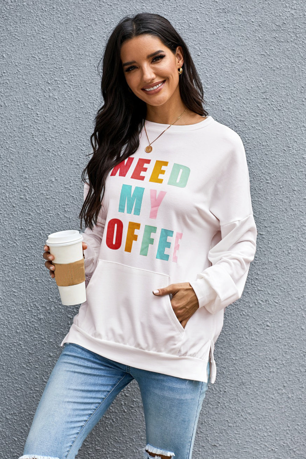 Need My Coffee Pocketed Pullover White Sweatshirt