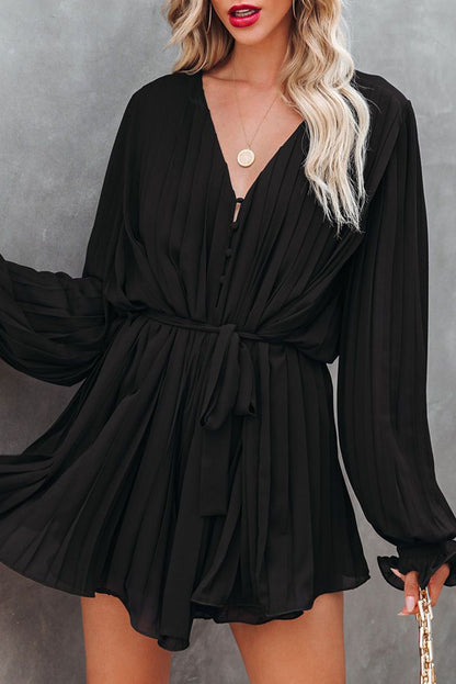 Pleated Ruffled Tie Waist Buttons V Neck Romper