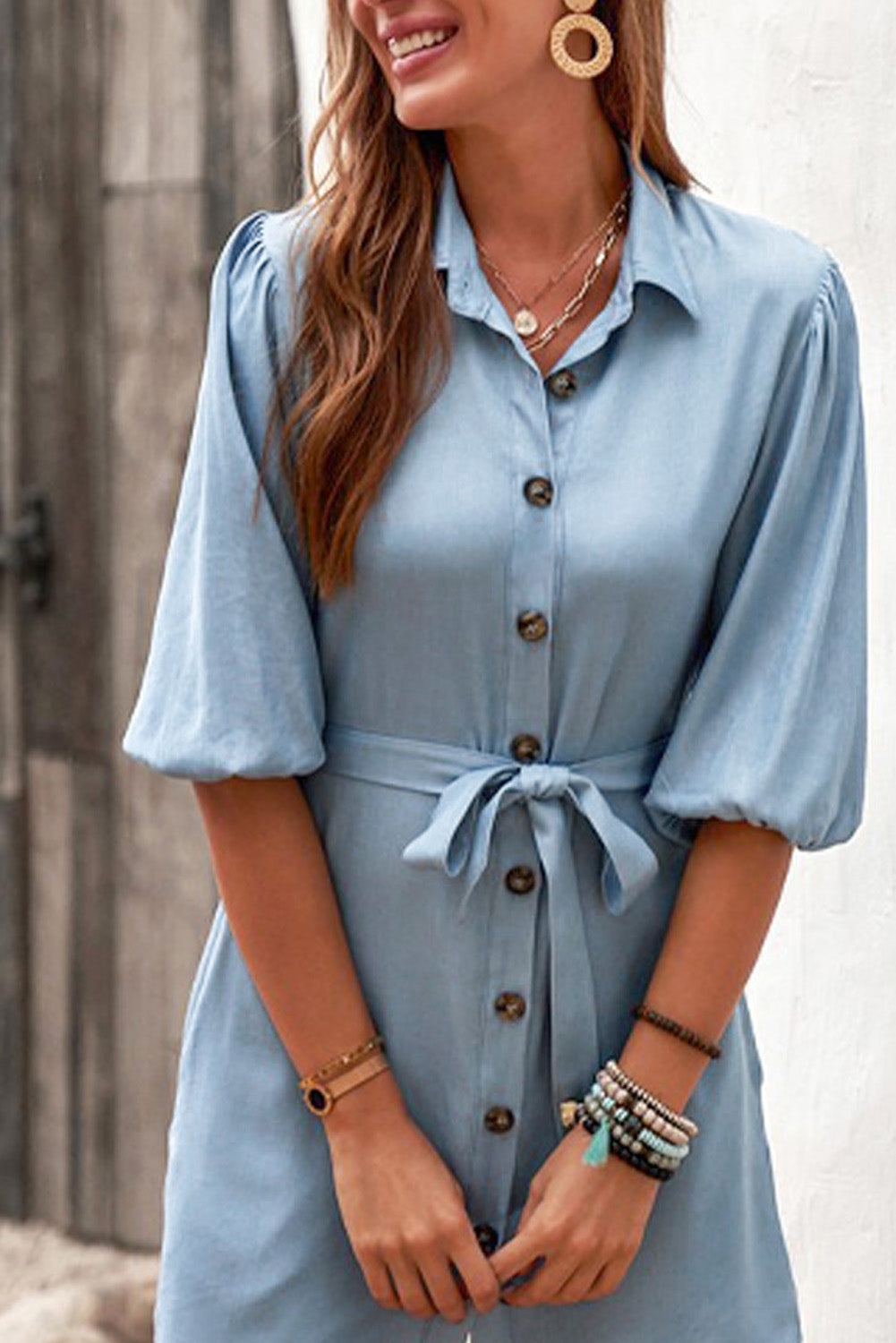 Buttoned Tie Waist Denim Shirt Mini Dress