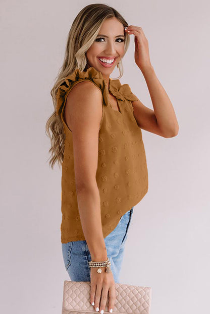 Top sin mangas de tejido Swiss Dot con tirantes con volantes 