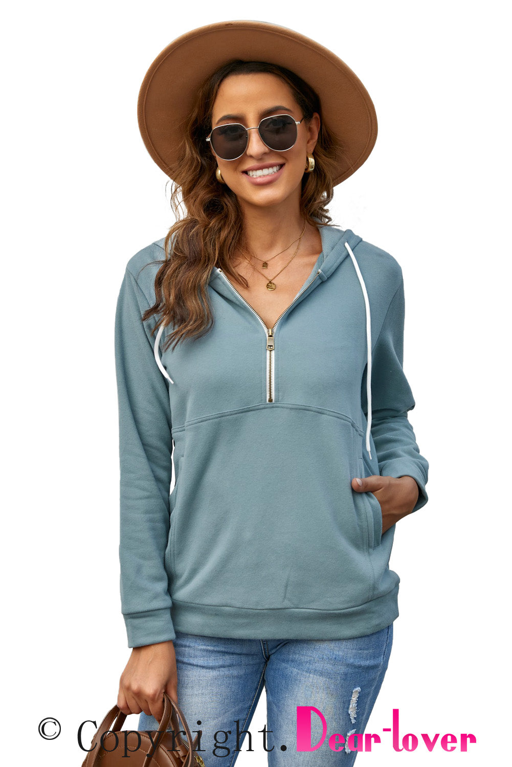 Sweat à capuche à manches longues et demi-fermeture éclair avec poche 