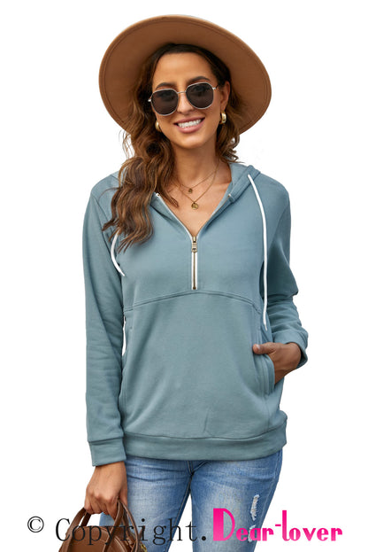 Sweat à capuche à manches longues et demi-fermeture éclair avec poche 