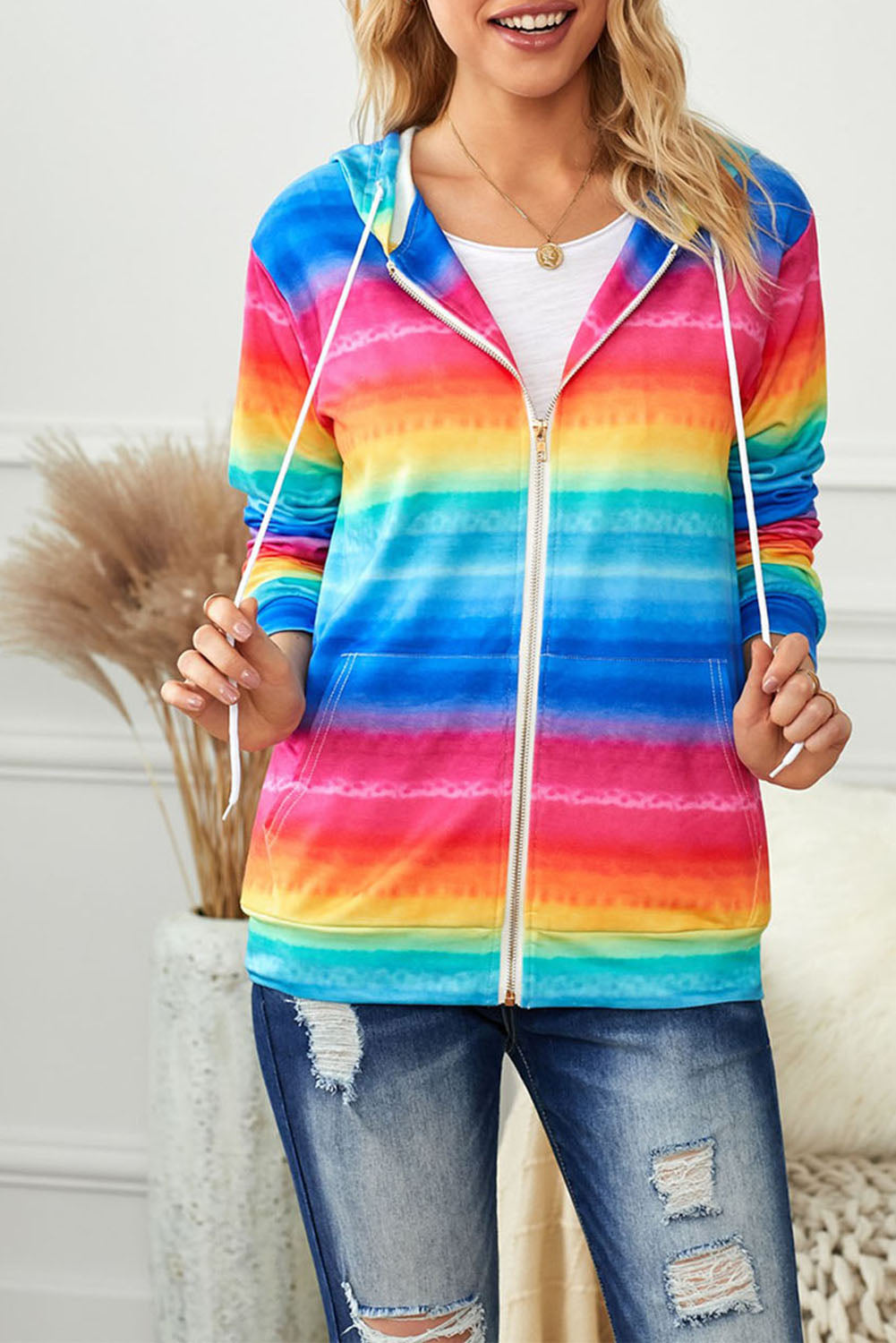 Multicolor Tie-Dyed Zipper Pocket Drawstring Hooded Jacket