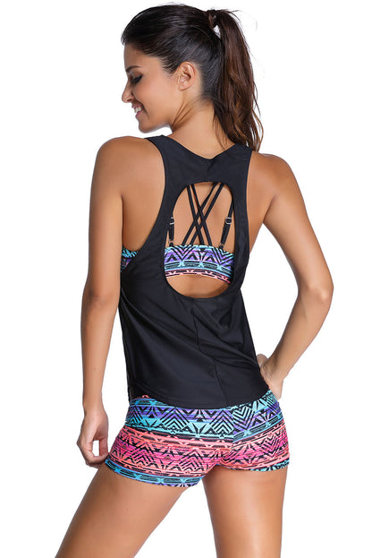 Traje de baño tankini con sujetador deportivo multicolor y chaleco negro