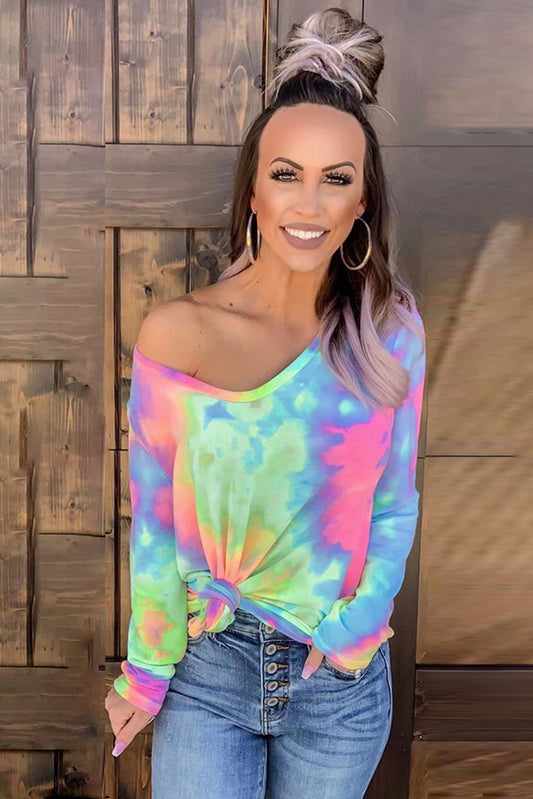 Top de manga larga con cuello en V tie-dye
