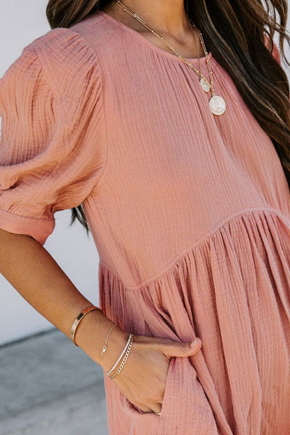 Pocketed Puff Sleeve Empire Waist Swing Short Dress