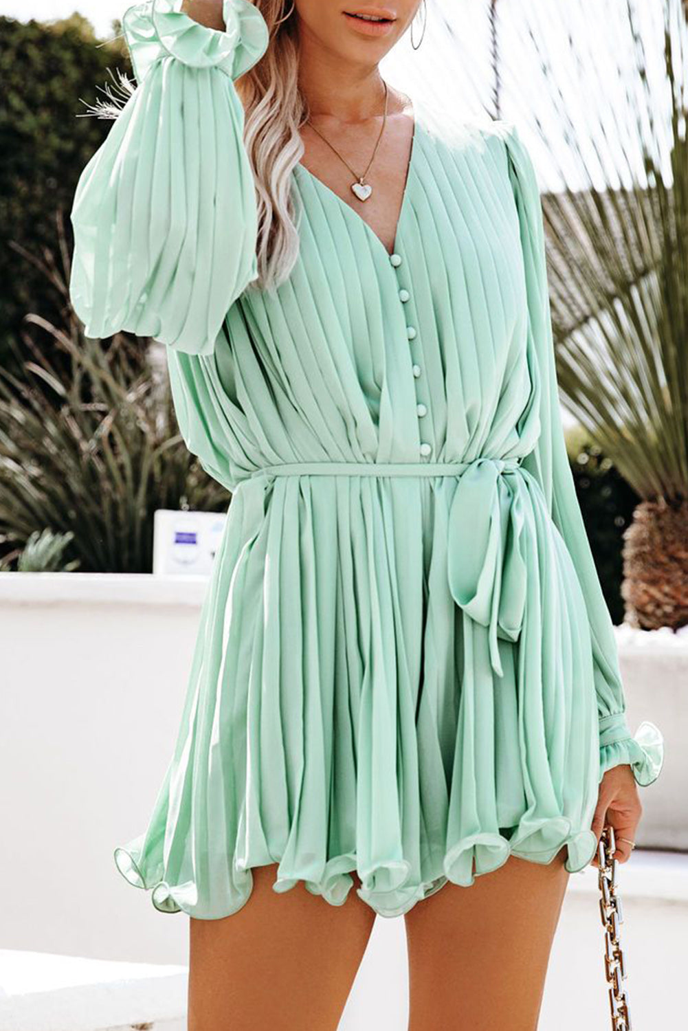 Pleated Ruffled Tie Waist Buttons V Neck Romper