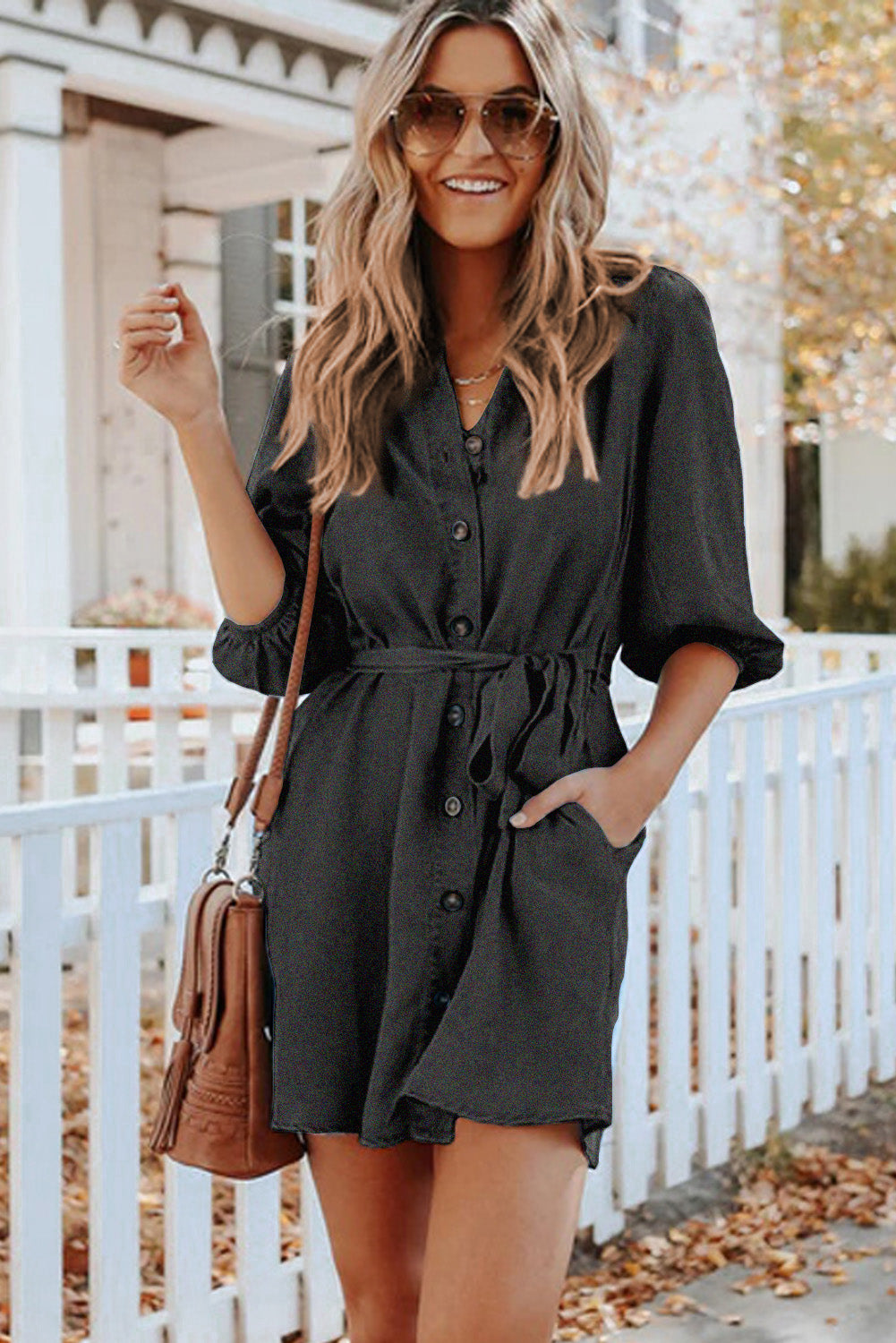 Buttoned Tie Waist Denim Shirt Mini Dress