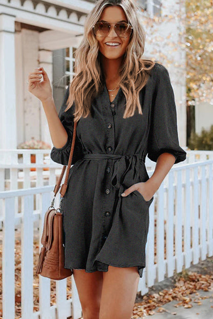 Buttoned Tie Waist Denim Shirt Mini Dress