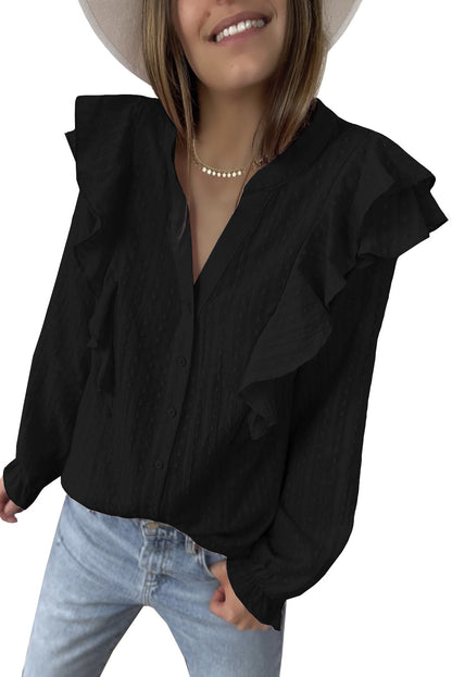 Camisa con mangas de burbujas y volantes transparentes con textura punteada